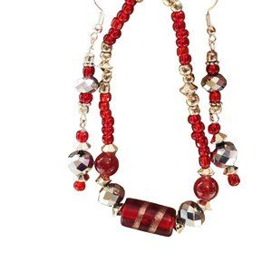 Red Silver Bracelet Earrings Set